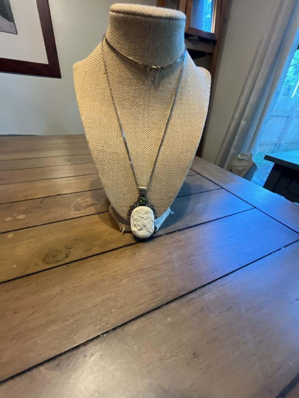 D'Joy Carved Bone and Peridot Cameo Pendant Necklace Silver